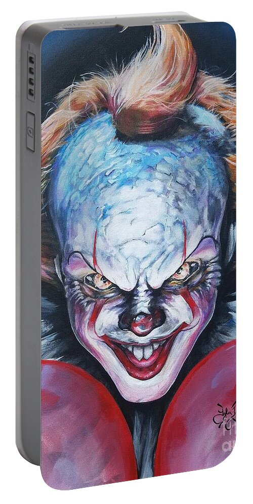 Pennywise Portable Battery Charger featuring the painting It's here by Tyler Haddox