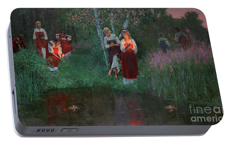Girs Portable Battery Charger featuring the painting Ivan Kupala. Fortunetelling for wreaths. by Simon Kozhin