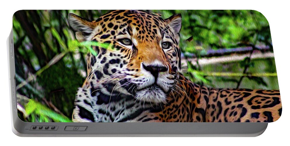 Jaguars Portable Battery Charger featuring the mixed media Jaguar at Peace by DB Hayes