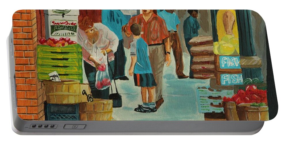 Cityscape Portable Battery Charger featuring the painting Jame St Fish Market by David Bigelow