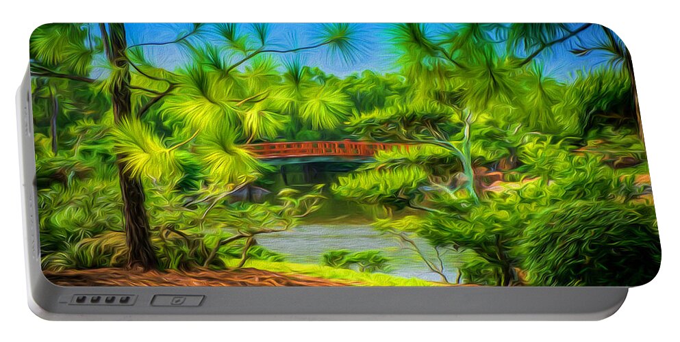 Reflections # Impressionist Art # Impressionistic # Tranquil Scene # Serenity Garden # Japanese Gardens # Water Reflections #lake # Rocks # Trees # Water # Bridge # Colorful Scene # Peaceful Park # Morikami #serenity Portable Battery Charger featuring the digital art Japanese gardens by Louis Ferreira