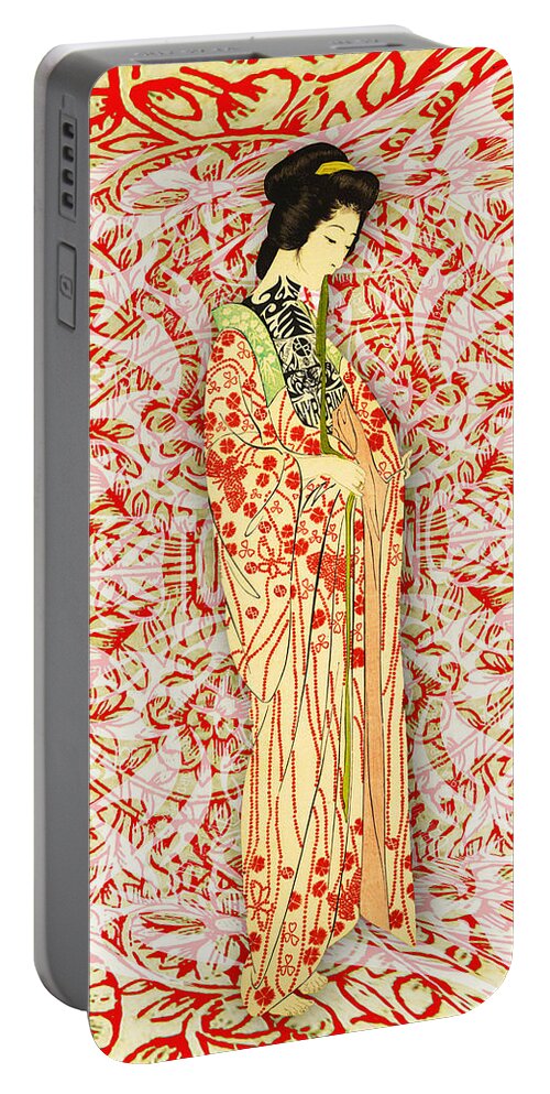 Japan Portable Battery Charger featuring the mixed media Japanese Woman Rise Dressing by Tony Rubino