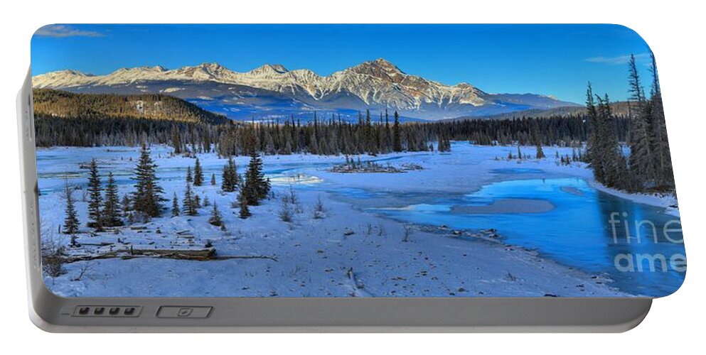 Athabasca River Portable Battery Charger featuring the photograph Jasper Winter Mountain Panorama by Adam Jewell