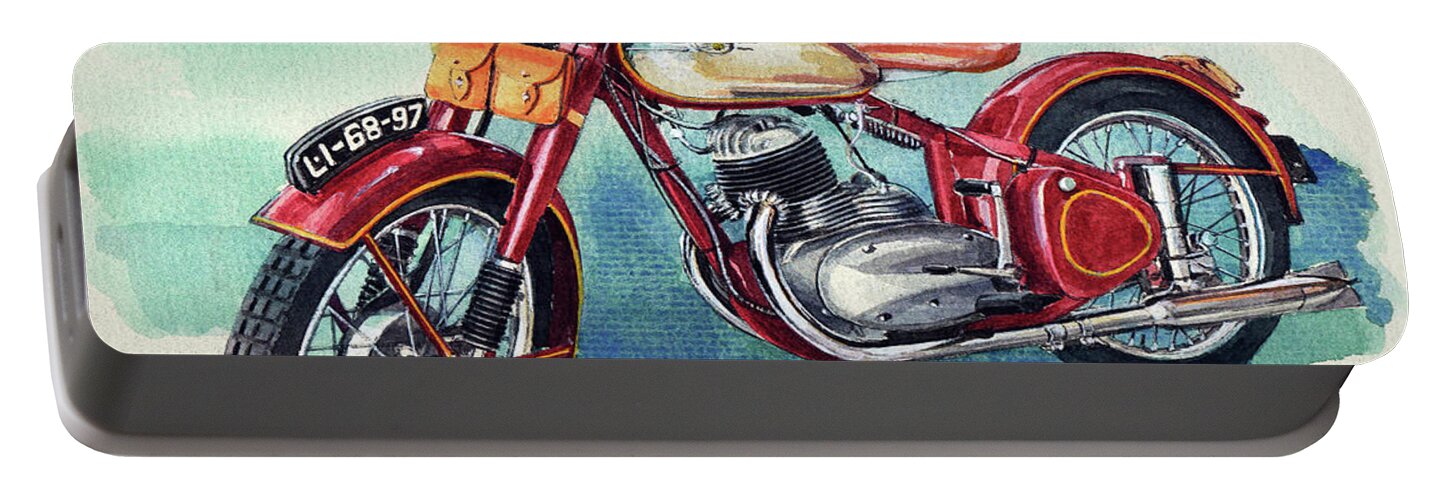 Jawa Vintage Motor Cycle Portable Battery Charger featuring the painting Jawa Motor Cycle by Yoshiharu Miyakawa