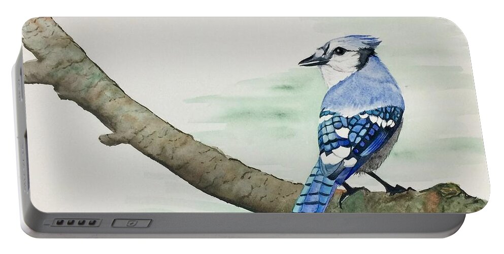Blue Jay Portable Battery Charger featuring the painting Jay in the Pine by Sonja Jones