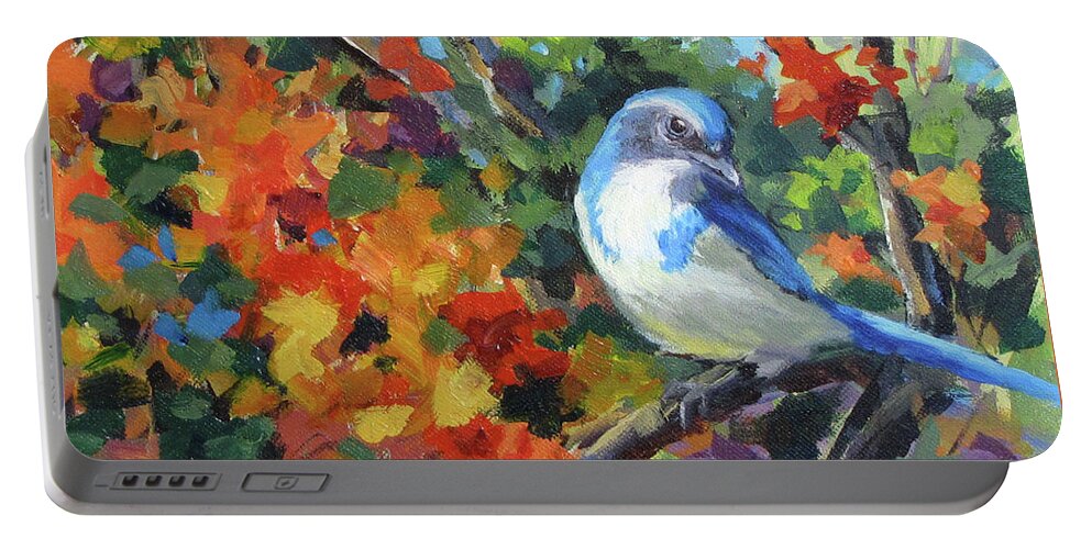 Bird Portable Battery Charger featuring the painting Jay's World by Karen Ilari