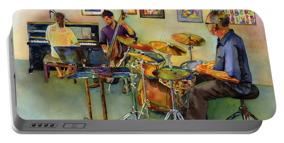 Jazz Portable Battery Charger featuring the painting Jazz at the Gallery by Hailey E Herrera