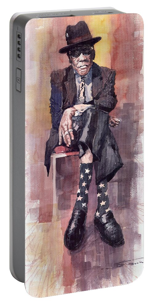 Watercolour Portable Battery Charger featuring the painting Jazz Bluesman John Lee Hooker by Yuriy Shevchuk