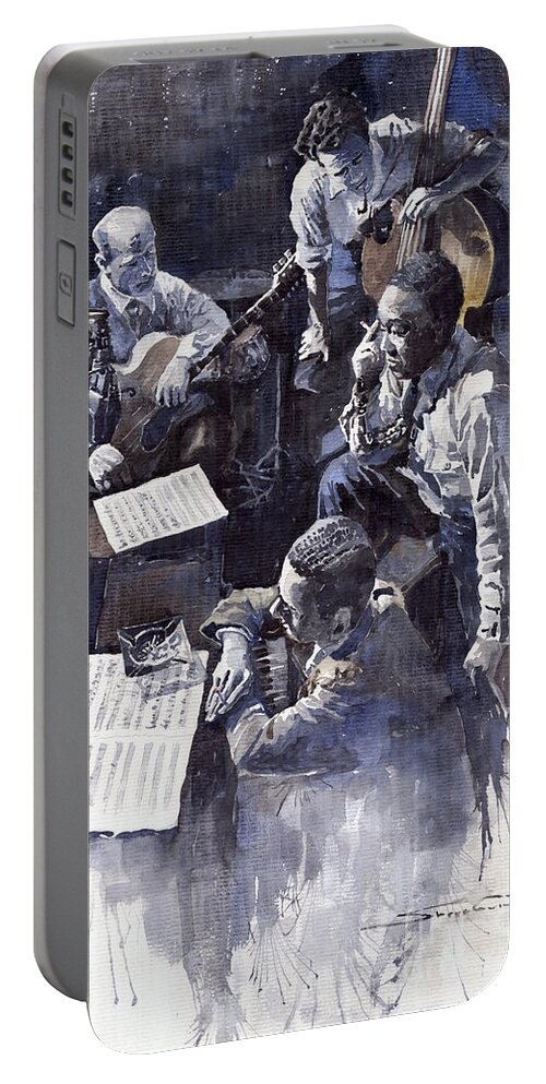 Jazz Portable Battery Charger featuring the painting Jazz Parker Tristano Bauer Safransky RCA studio NY 1949 by Yuriy Shevchuk