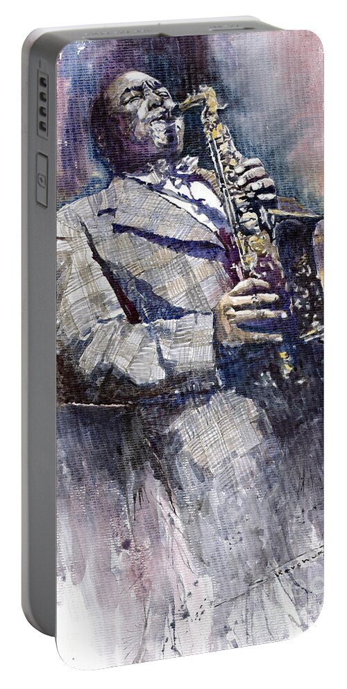 Watercolor Portable Battery Charger featuring the painting Jazz Saxophonist Charlie Parker by Yuriy Shevchuk
