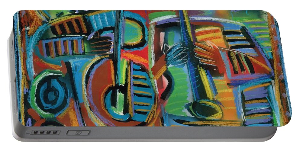 Jazz Duo Portable Battery Charger featuring the painting Jazzmen 2 Music Gods by Gerry High