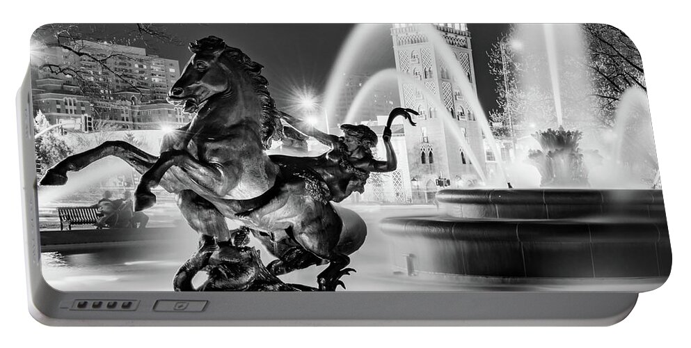 Missouri Fountain Portable Battery Charger featuring the photograph J.C. Nichols Fountain and Statues - Square Format - Black and White Edition by Gregory Ballos