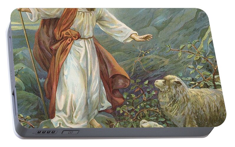 Bible Stories; Biblical; Jesus Christ; The Tender Shepherd; Sheep; Rescue Portable Battery Charger featuring the painting Jesus Christ The Tender Shepherd by Ambrose Dudley