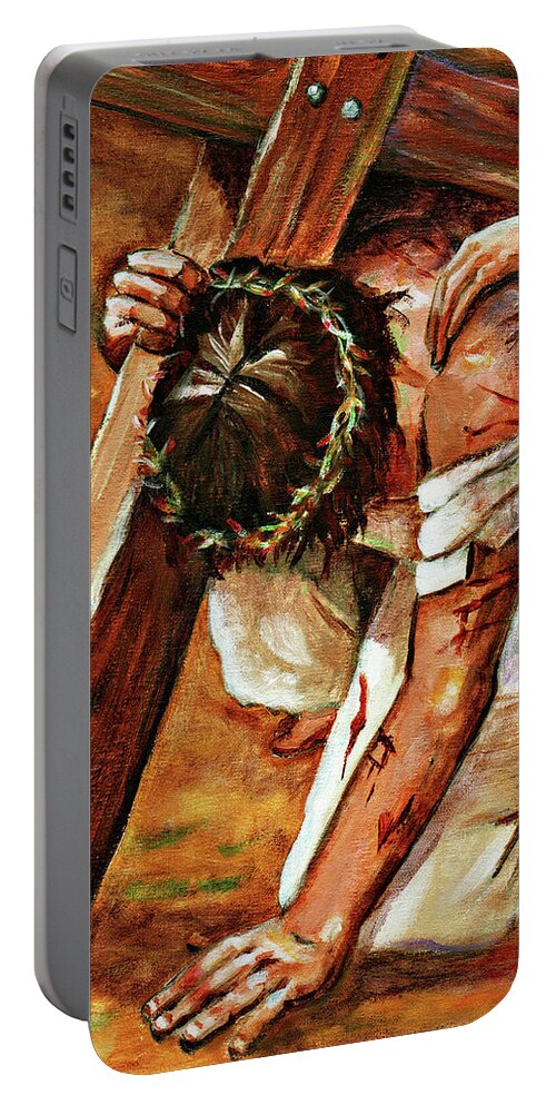 Jesus Portable Battery Charger featuring the painting Jesus Falls by Dorothy Riley