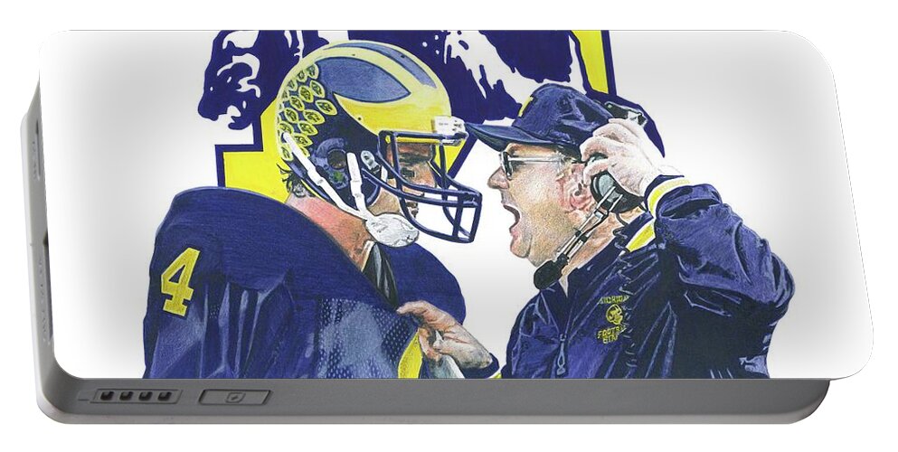 Michigan Wolverines Portable Battery Charger featuring the drawing Jim Harbaugh and Bo Schembechler by Chris Brown