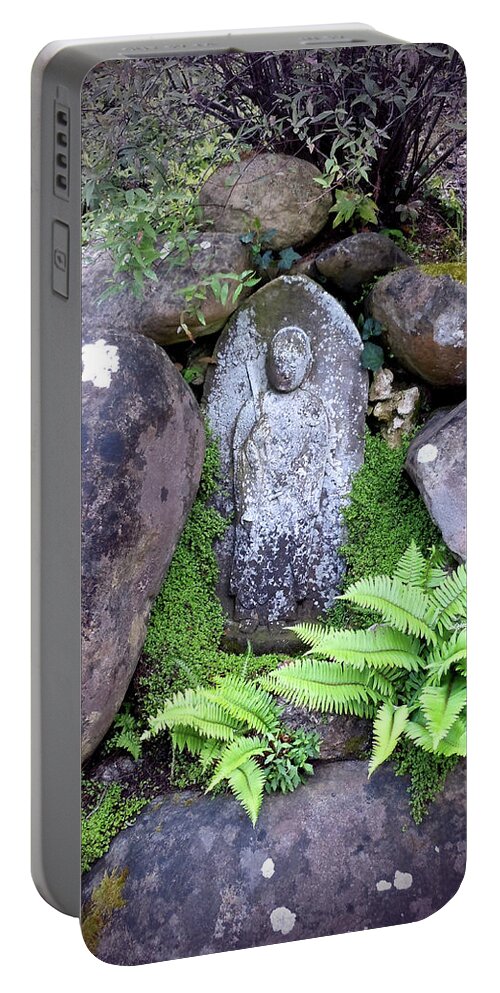 Picture Portable Battery Charger featuring the photograph Jizo Buddha Among the Ferns by Laura Iverson