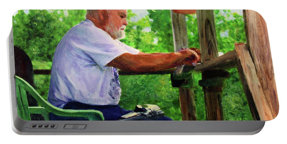 Art Portable Battery Charger featuring the painting John Cleaning the Rifle by Donna Walsh