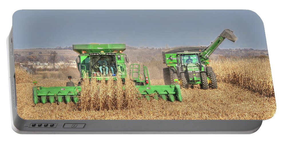 John Deere Portable Battery Charger featuring the photograph John Deere Combine Picking Corn Followed By Tractor And Grain Cart by J Laughlin