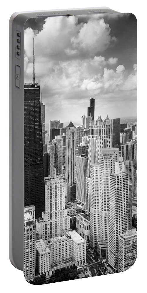 3scape Portable Battery Charger featuring the photograph John Hancock Building in the Gold Coast Black and White by Adam Romanowicz