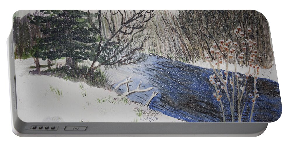  Landscapes Portable Battery Charger featuring the painting Johnson Vermont in Spring Snow Storm by Donna Walsh