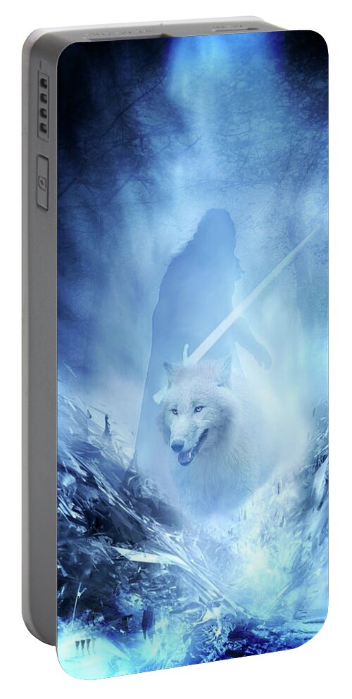Jon Snow And Ghost Portable Battery Charger featuring the digital art Jon Snow and Ghost - Game of Thrones by Lilia D