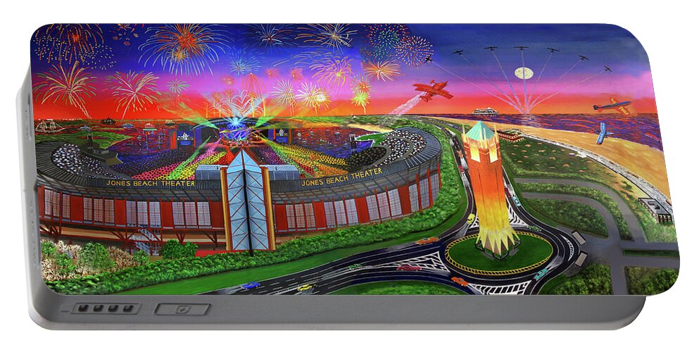 Jone Beach Theatre Portable Battery Charger featuring the painting Jones Beach Theatre towel version by Bonnie Siracusa