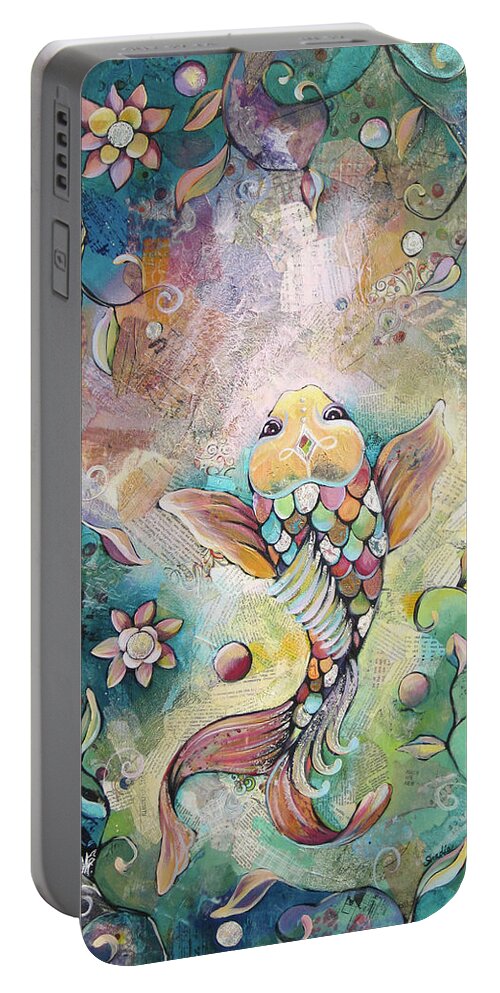 Orange Portable Battery Charger featuring the painting Joyful Koi II by Shadia Derbyshire