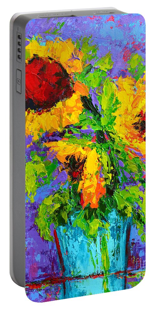 Gift Idea For Sunflower Lovers Portable Battery Charger featuring the painting Joyful Trio - Sunflowers Still Life - Modern Impressionistic Art - Palette Knife by Patricia Awapara
