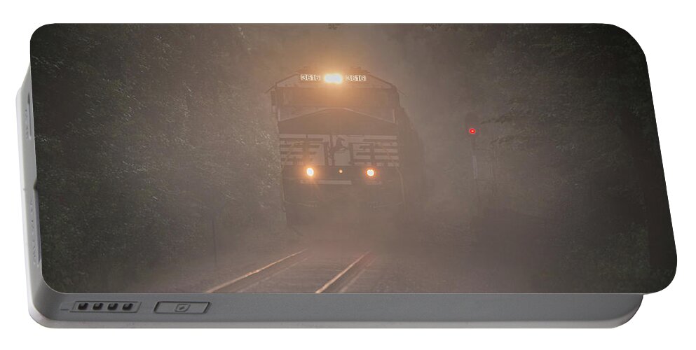 Railroad Tracks Portable Battery Charger featuring the photograph July 6 2016 Norfolk Southern Tier4 engine 3616 in Fog by Jim Pearson