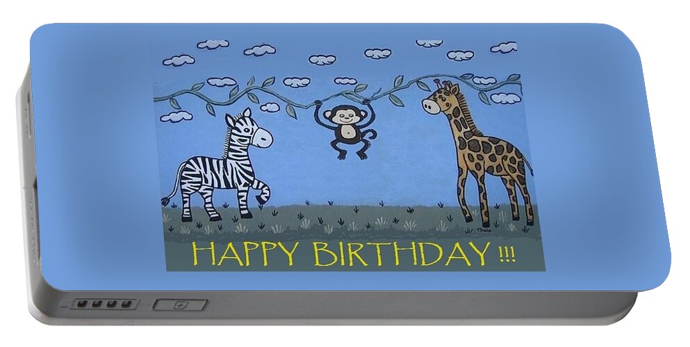Jungle Portable Battery Charger featuring the painting Jungle Animals Happy Birthday by Suzanne Theis