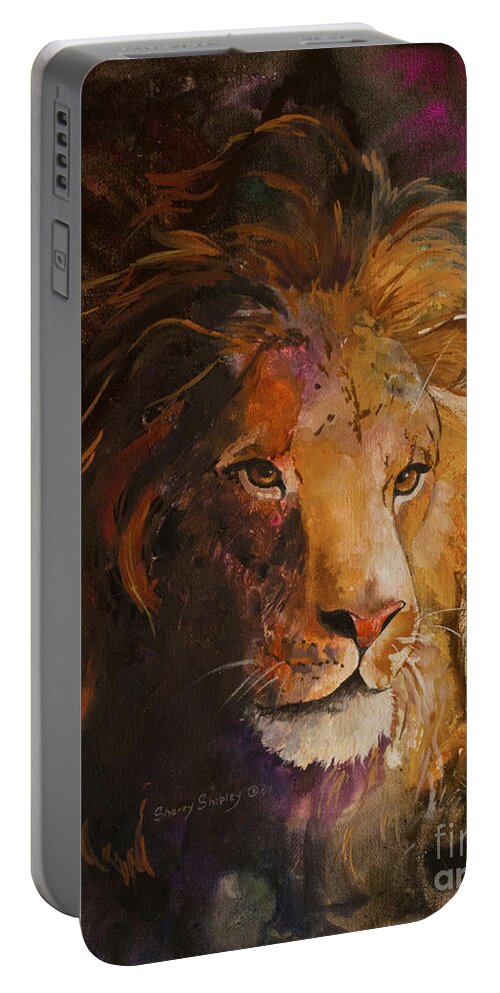 Lion Portable Battery Charger featuring the painting Jungle Lion by Sherry Shipley