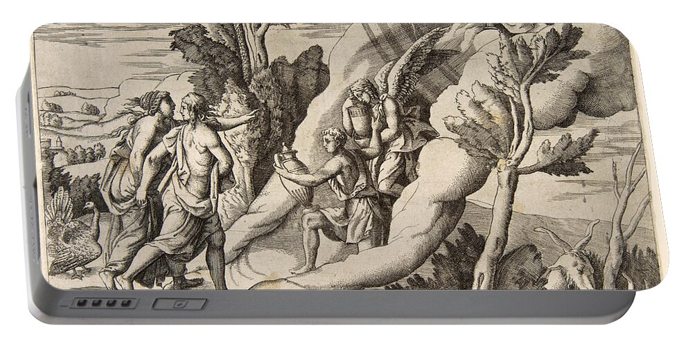 Giulio Bonasone Portable Battery Charger featuring the drawing Jupiter and Juno being received in the heavens by Ganymede and Hebe by Giulio Bonasone
