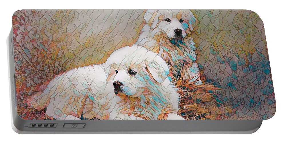 Great Pyreneese Pups Portable Battery Charger featuring the digital art Just Chillin' by Bonnie Willis