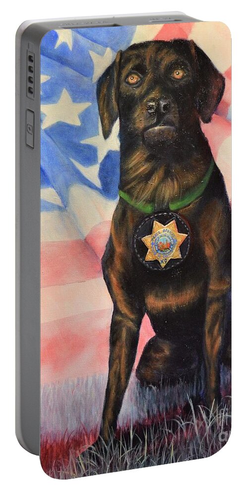 K-9 Portable Battery Charger featuring the painting K-9 Officer Rodney by Sherry Strong