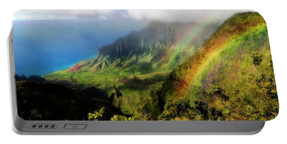 Lifeguard Portable Battery Charger featuring the photograph Kalalau Valley Double Rainbows Kauai, Hawaii by Lawrence Knutsson