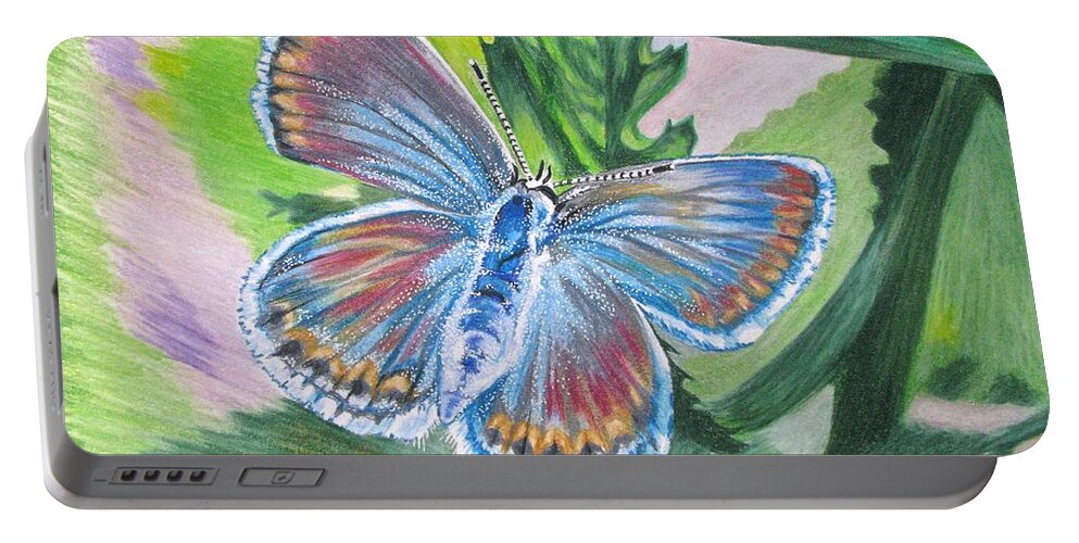 Endangered Butterflies Portable Battery Charger featuring the drawing Karner Blue by Linda Williams