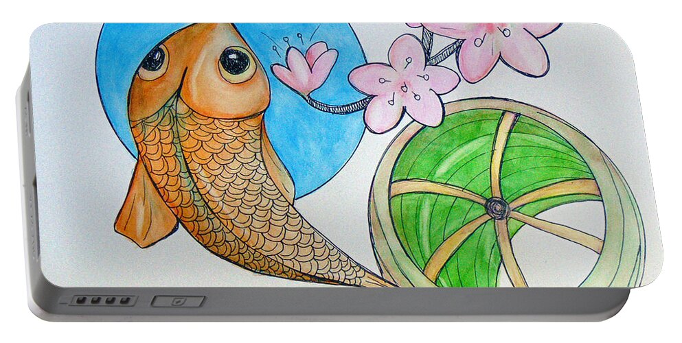 Cherry Portable Battery Charger featuring the painting Karp and Cherry Blooms by Loretta Nash