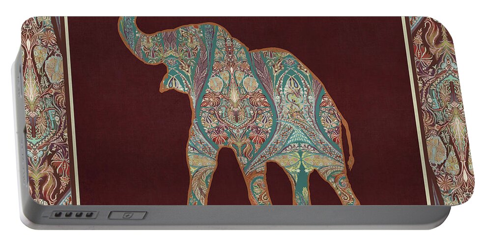 Rust Portable Battery Charger featuring the painting Kashmir Patterned Elephant 3 - Boho Tribal Home Decor by Audrey Jeanne Roberts