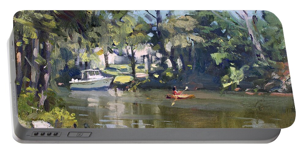Kayaking Portable Battery Charger featuring the painting Kayaking by Ylli Haruni