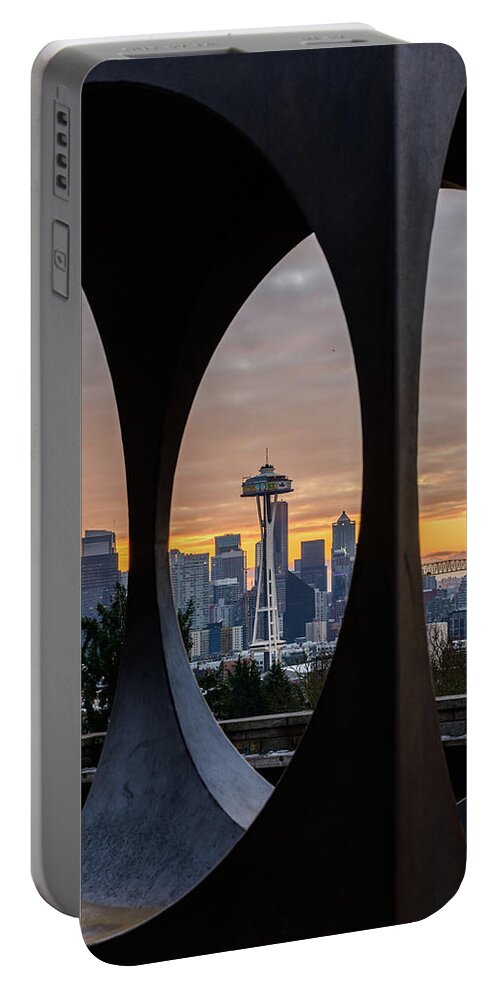 Kerry Park; Space Needle; Sunrise Portable Battery Charger featuring the digital art Kerry Park and Space Needle by Michael Lee