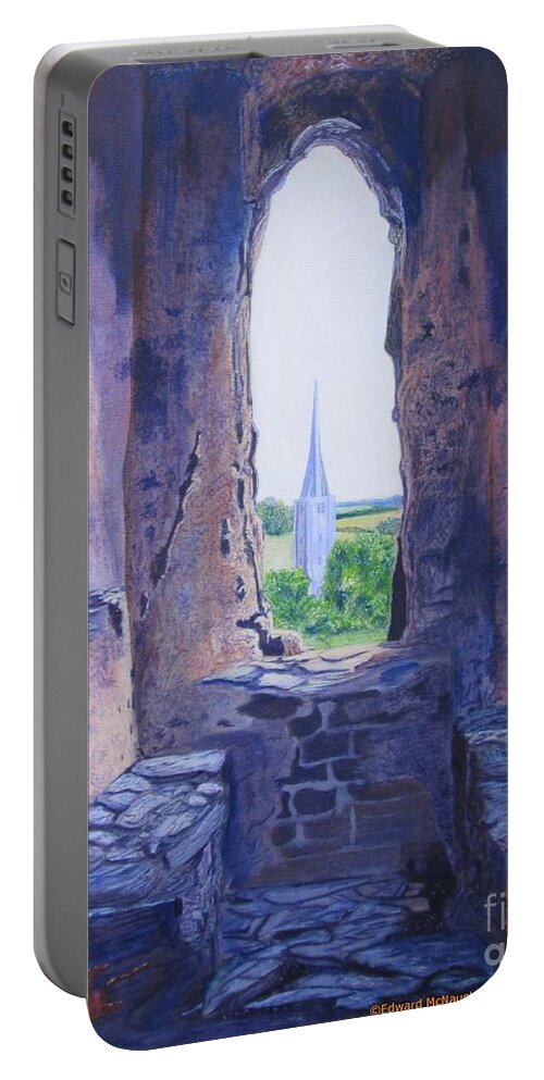 Painting Kidwelly Castle Window Overlooking Kidwelly Church Portable Battery Charger featuring the painting Kidwelly Castle Window Overlooking Kidwelly Village Church by Edward McNaught-Davis