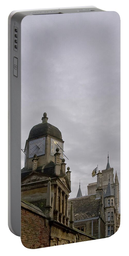 Cambridge Portable Battery Charger featuring the photograph King college sundial clock tower. by Elena Perelman
