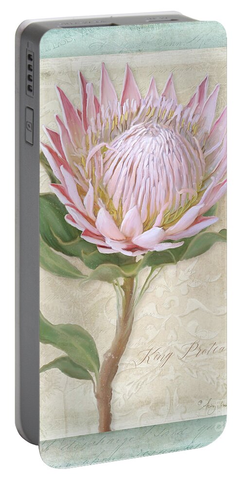 Botanical Floral Portable Battery Charger featuring the painting King Protea Blossom - Vintage Style Botanical Floral 1 by Audrey Jeanne Roberts