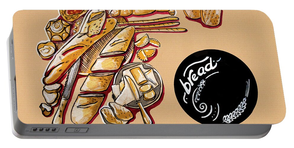 Food Portable Battery Charger featuring the drawing Kitchen Illustration Of Menu Of Bread Products by Ariadna De Raadt