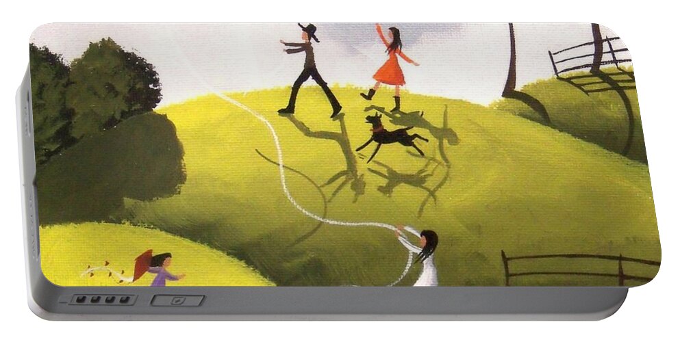 Art Portable Battery Charger featuring the painting Kite Bonanza - folk art landscape by Debbie Criswell
