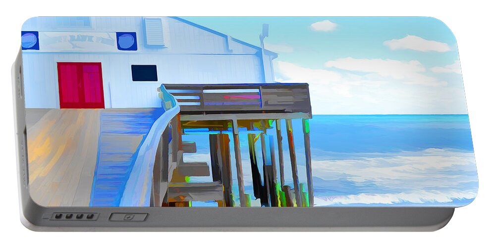 Fishing Pier Portable Battery Charger featuring the painting Kitty Hawk Pier 2 by Jeelan Clark