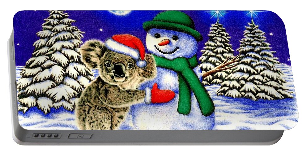 Koala Portable Battery Charger featuring the drawing Koala with Snowman by Casey 'Remrov' Vormer