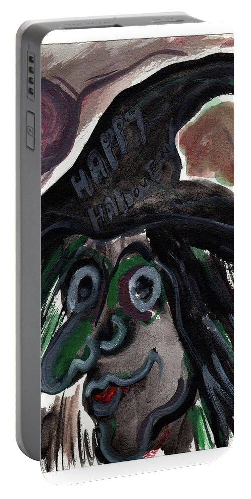 Kookie Spookie Halloween Witch Portable Battery Charger featuring the painting Kookie Halloween Witch by Katt Yanda