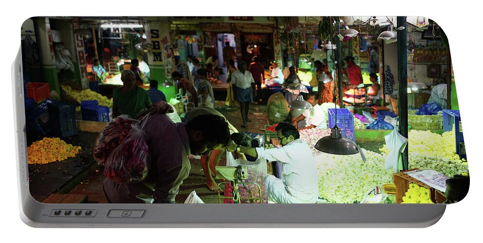 India Portable Battery Charger featuring the photograph Koyambedu Flower Market Stalls by Mike Reid