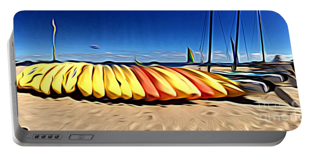 Kayak Portable Battery Charger featuring the digital art Kayaks on the Beach Panoramic by Jason Freedman